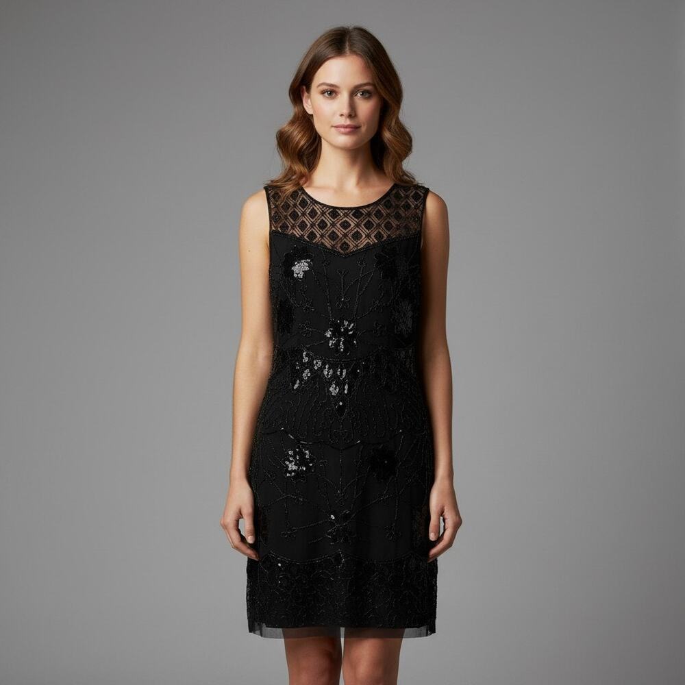 MOLLY BRACKEN Black Sequined Sleeveless Dress Geometric Pattern Sheer Top Large